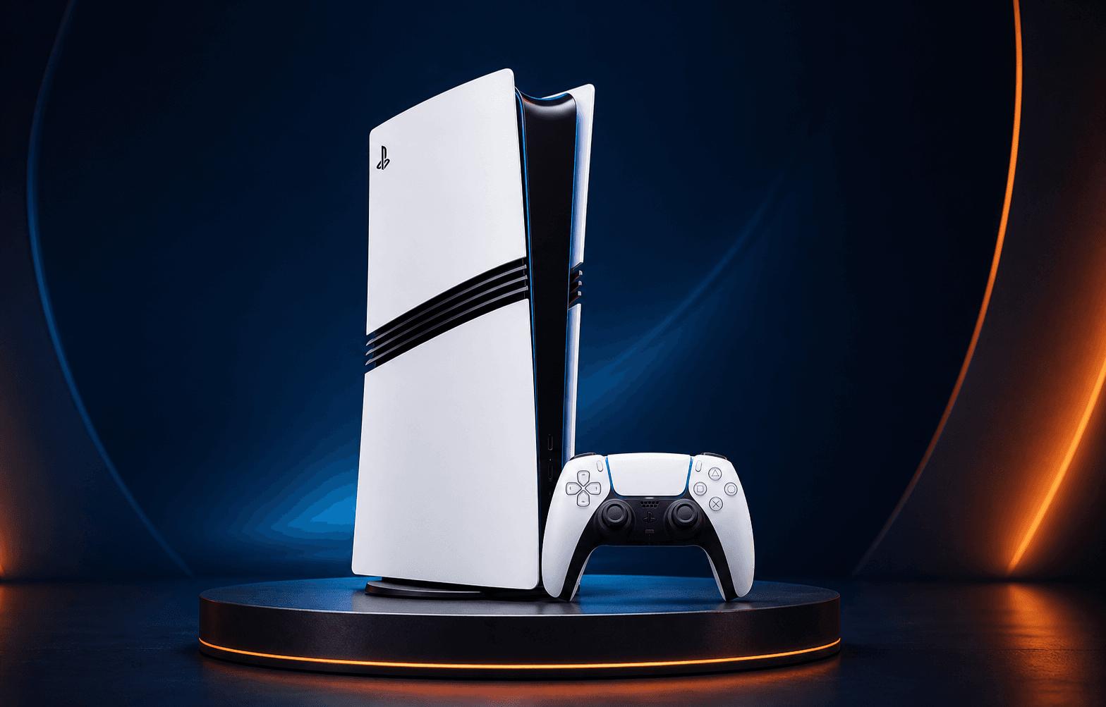 Console PlayStation 5 Pro 2 To blanche avec manette sur podium