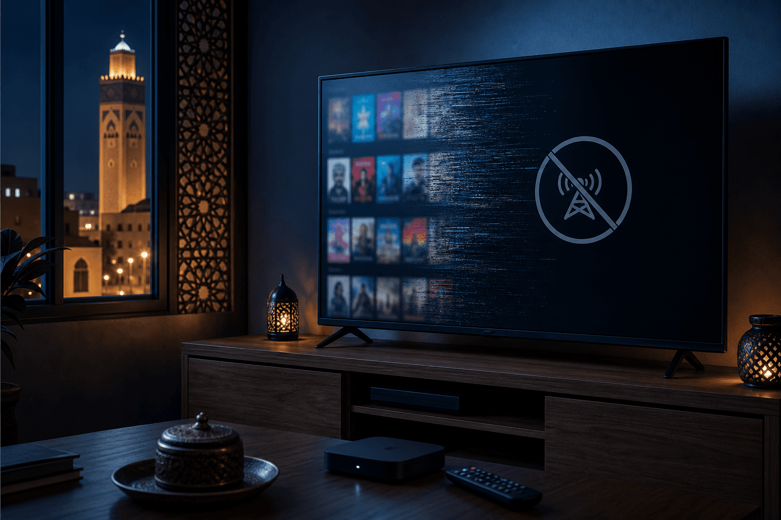 Téléviseur au Maroc affichant l’interruption d’un service de streaming illégal