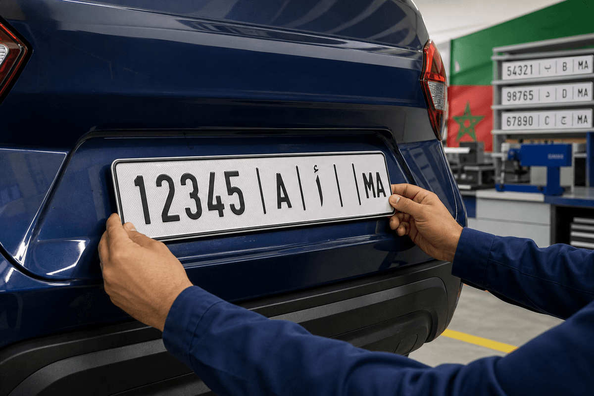 Technicien installant le nouveau modèle de plaque d’immatriculation marocaine sur une voiture