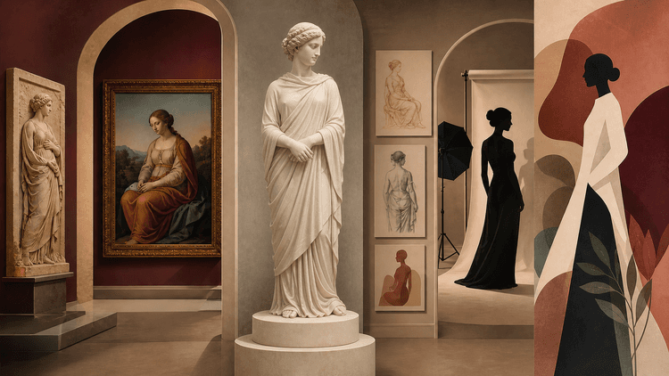 Galerie d’art montrant une sculpture drapée, une peinture classique et une silhouette photographique féminine