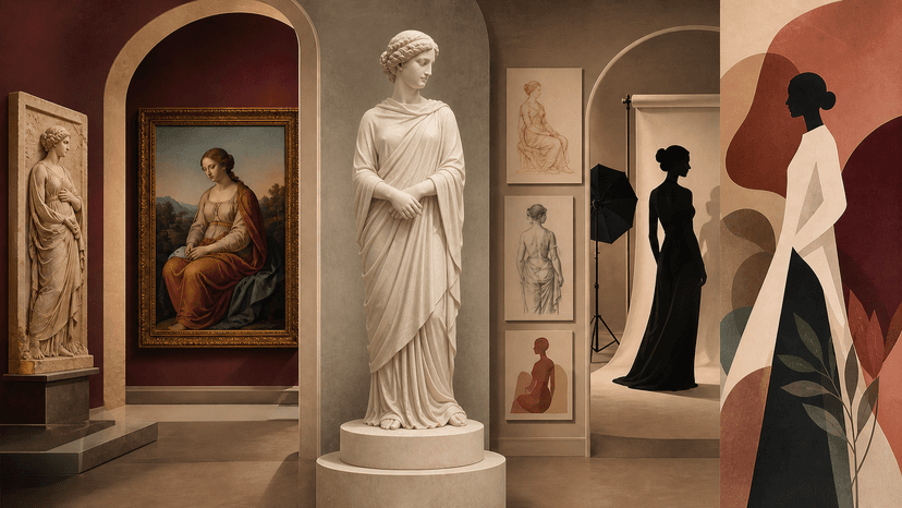 Galerie d’art montrant une sculpture drapée, une peinture classique et une silhouette photographique féminine